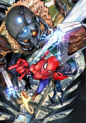  3boys absurdres armor battle bodysuit city commentary electricity flying from_above fur_collar glowing glowing_eyes highres iron_man iron_man_(series) marvel marvel_cinematic_universe mask mechanical_wings midair multiple_boys murata_yuusuke official_art power_armor silk spider-man spider-man:_homecoming spider-man_(series) spider_web superhero_costume taser vulture_(marvel) wings 