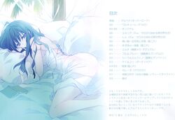  absurdres ahoge ass bed black_hair book carnelian copyright_request dress female highres long_hair looking_at_viewer lying no_bra no_panties on_bed open_book pillow scan see-through see-through_dress solo strap_slip table_of_contents 