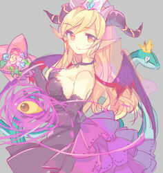  bad_id bad_pixiv_id bare_shoulders black_dress blonde_hair choker crown dress female frills gloves horns lilith_(p&amp;d) long_hair looking_at_viewer lowres mini_crown pf pointy_ears puzzle_&amp;_dragons smile snake solo third_eye wings yellow_eyes 