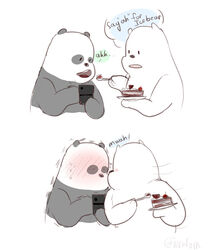  2017 5:6 bear blush brother_(lore) brothers_(lore) cake cartoon_network cellphone dessert dialogue digital_drawing_(artwork) digital_media_(artwork) duo electronics english_text food giant_panda hi_res ice_bear_(we_bare_bears) kissing mammal panda_(we_bare_bears) phone polar_bear pseudo_incest_(lore) sibling_(lore) simple_background text toragoru ursine we_bare_bears white_background 