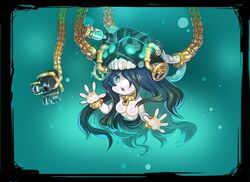  abyssal_ship black_hair blue_eyes breasts chains chaki_(teasets) colored_skin commentary_request female hair_over_one_eye hat in_water kantai_collection long_hair looking_at_viewer medium_breasts nude open_mouth pale_skin so-class_submarine solo submerged upper_body water white_skin 