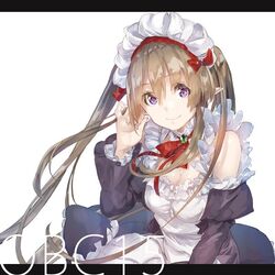  brown_hair commentary_request female maid maid_headdress myucel_foalan outbreak_company purple_eyes ribbon solo twintails yuugen 