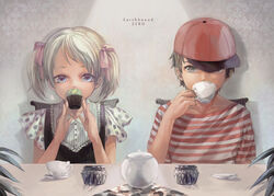  1boy ana_(mother) bad_id bad_pixiv_id baseball_cap blue_eyes brown_hair chair copyright_name cup cupcake drinking eating female food hat mother_(game) mother_1 ninten shirt short_twintails sitting striped_clothes striped_shirt t-shirt teacup teapot twintails white_hair yousuke_(yosk) 