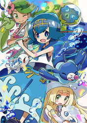  3girls alolan_vulpix blonde_hair blue_eyes blue_hair blush_stickers braid bubble commentary_request dark-skinned_female dark_skin dewpider fishing_rod flower green_eyes green_hair hair_flower hair_ornament hairband hat highres kingin lana_(pokemon) lillie_(pokemon) long_hair mallow_(pokemon) multiple_girls one_eye_closed open_mouth overalls petals pokemon pokemon_(anime) pokemon_(creature) pokemon_sm_(anime) popplio shirt short_hair sleeveless sleeveless_shirt smile steenee sun_hat swimsuit swimsuit_under_clothes twin_braids twintails white_hat white_shirt wishiwashi wishiwashi_(school) wishiwashi_(solo) 