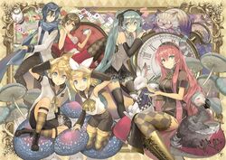  2boys 4girls alice_in_wonderland bird blonde_hair blue_eyes blue_hair brown_eyes card checkered_clothes checkered_legwear cheshire_cat_(alice_in_wonderland) coat commentary cross-laced_footwear cup dodo_(bird) english_commentary framed hatsune_miku headband hedgehog kagamine_len kagamine_rin kaito_(vocaloid) long_hair long_sleeves megurine_luka meiko_(vocaloid) multiple_boys multiple_girls mushroom necktie osamu_(jagabata) pants picture_frame pink_hair pleated_skirt pocket_watch red_skirt ribbon sailor_collar scarf shirt short_sleeves side_slit sitting skirt sleeveless sleeveless_shirt socks standing striped_clothes striped_socks tea teacup teapot thighhighs very_long_hair vocaloid watch white_rabbit_(alice_in_wonderland) 