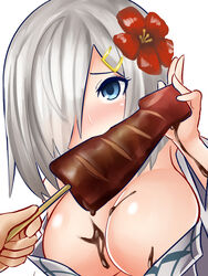  blue_eyes breasts cleavage commentary_request female flower food grey_hair hair_flower hair_ornament hair_over_one_eye hairclip hamakaze_(kancolle) highres ikayaki kantai_collection large_breasts long_hair sexually_suggestive simple_background sin_(kami148) solo_focus white_background 