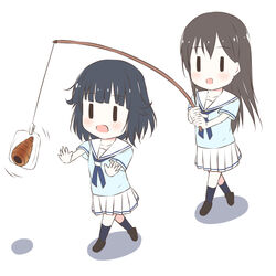  2girls bang_dream! black_hair blue_legwear blue_necktie blue_shirt blush carrot_on_stick chibi chocolate_cornet commentary_request fishing_rod food hanasakigawa_school_uniform hanazono_tae hanging_food highres holding holding_fishing_rod kiyose_akame_(style) long_hair multiple_girls necktie open_mouth outstretched_arm parody pleated_skirt rino_(monochrome_rino) school_uniform serafuku shirt shoes short_hair short_sleeves simple_background skirt style_parody ushigome_rimi walking white_background white_skirt |_| 