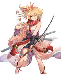  arm_guards bell black_skirt blonde_hair breasts brown_eyes commentary_request djeeta_(granblue_fantasy) female flower granblue_fantasy grin hadanugi_dousa hair_between_eyes hair_flower hair_ornament hair_stick highres holding holding_sword holding_weapon japanese_clothes katana kengo_(granblue_fantasy) kimono looking_at_viewer medium_breasts miniskirt multiple_swords obi one_side_up open_clothes open_kimono photoshop_(medium) pink_kimono red_rope ribbon-trimmed_skirt ribbon_trim rope sarashi sash scarf shimenawa short_hair single_bare_shoulder skirt smile solo sword weapon white_background wide_sleeves yuki7128 