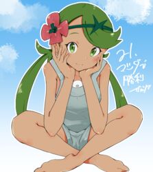  barefoot commentary_request dark-skinned_female dark_skin female flower green_eyes green_hair green_hairband grey_shorts hair_flower hair_ornament hairband hands_on_own_cheeks hands_on_own_face indian_style legs long_hair looking_at_viewer mallow_(pokemon) ninchan pokemon pokemon_sm shorts sitting solo translation_request twintails 