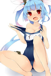  barefoot blue_hair blush breasts cleavage fangs female hair_ribbon heart heart-shaped_pupils hukasikasi i-19_(kancolle) kantai_collection large_breasts long_hair looking_at_viewer oerba_yun_fang one-piece_swimsuit open_mouth protected_link red_eyes ribbon school_swimsuit smile solo swimsuit symbol-shaped_pupils twintails 