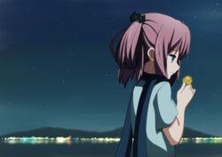  ame. anime_coloring chuunibyou_demo_koi_ga_shitai! closed_eyes coin commentary_request female folded_hair hair_rings landscape long_hair md5_mismatch photoshop_(medium) pink_hair scarf shichimiya_satone twintails 