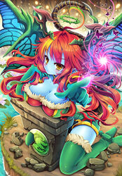  blue_skin boots breast_rest breasts goushou halo hera-beorc_(p&amp;d) hera_(p&amp;d) large_breasts lily_pad long_hair looking_at_viewer puzzle_&amp;_dragons red_hair smile solo tail thigh_boots thighhighs water wings yellow_eyes 