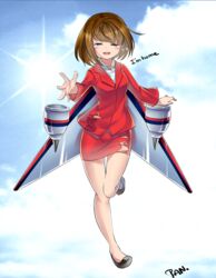  :d ^_^ breasts brown_hair closed_eyes cloud commentary crying english_text female flight_attendant flying formal happy happy_tears jacket kashi_kosugi leg_lift lens_flare malaysia malaysia_airlines_flight_370 mecha_musume open_mouth original outdoors outstretched_hand pencil_skirt personification shirt shoes short_hair signature skirt skirt_suit sky small_breasts smile solo suit sun tears thigh_gap torn_clothes torn_skirt travel_attendant wings 