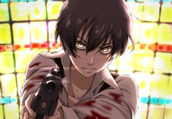  1boy 91_days aiming aiming_at_viewer avilio_bruno black_hair blood blood_on_clothes blood_on_face commentary_request glint gun handgun holding holding_gun holding_weapon light_frown looking_at_viewer male_focus shelty solo stained_glass undercut upper_body weapon yellow_eyes 