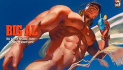  1boy abs armpit_hair artist_logo artist_name bara big_al blue_background brown_facial_hair brown_hair character_name commentary drink drinking_straw english_commentary english_text facial_hair food fruit grey_hair headphones headphones_around_neck highres holding holding_drink implied_nudity izeumane jewelry logo looking_back looking_to_the_side male_focus multicolored_hair muscular muscular_male navel necklace nipples obliques orange_(fruit) orange_slice out-of-frame_censoring realistic short_hair skull_necklace solo stitched_face stitches vocaloid watch wristwatch yellow_eyes 