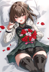  :d bed_sheet black_shirt black_shorts black_thighhighs blush bouquet brown_eyes brown_hair commentary_request female flower green_skirt hair_ornament highres holding holding_bouquet kantai_collection kasashi_(kasasi008) long_sleeves looking_at_viewer lying on_back open_mouth petals pillow pink_flower pink_rose red_flower red_rose rose rose_petals shirt shorts sidelocks skirt smile solo taihou_(kancolle) thighhighs thighs white_shirt 