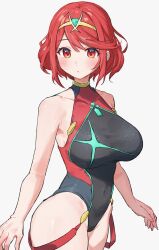  arms_at_sides bare_arms bare_shoulders breasts collarbone commentary_request competition_swimsuit covered_navel cowboy_shot female flipped_bangs grey_background highres large_breasts light_blush looking_ahead multicolored_one-piece_swimsuit one-piece_swimsuit parted_lips pyra_(pro_swimmer)_(xenoblade) pyra_(xenoblade) red_eyes red_hair short_hair simple_background solo swept_bangs swimsuit tiara wavy_hair xenoblade_chronicles_(series) xenoblade_chronicles_2 yomizu_(rdad3278) 