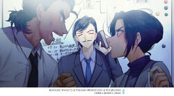  2boys black_hair blue_necktie blurry blurry_foreground blush character_name collared_shirt commentary_request dress_shirt eye_contact facial_hair female grey_jacket jacket long_sleeves looking_at_another md5_mismatch meitantei_conan monicanc morofushi_takaaki moustache multiple_boys necktie open_mouth photoshop_(medium) profile shirt short_hair sweatdrop tied_hair uehara_yui upper_body v-shaped_eyebrows white_shirt wing_collar yamato_kansuke 