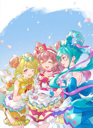  3girls ;d apron back_bow blonde_hair blue_background blue_bow blue_eyes blue_hair bow brooch choker closed_eyes cone_hair_bun cowboy_shot cure_precious cure_spicy cure_yum-yum delicious_party_precure double_bun drill_hair elbow_gloves frilled_apron frilled_hairband frilled_skirt frills fuwa_kokone gloves green_bow hair_bun hair_rings hairband hairbow hanamichi_ran hat hat_bow heart heart_brooch highres hoshi_(xingspresent) jewelry kome-kome_(precure) long_hair looking_at_another looking_at_viewer magical_girl mem-mem_(precure) mini_hat multicolored_hair multiple_girls nagomi_yui one_eye_closed open_mouth orange_skirt pam-pam_(precure) petals pink_bow pink_choker pink_hair pink_hairband precure profile puffy_sleeves skirt smile standing striped striped_bow twin_drills two-tone_hair white_gloves 