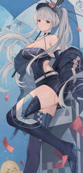  &gt;_&lt; absurdres azur_lane bare_shoulders baseball_cap belt black_choker black_jumpsuit black_skirt boots breasts character_name choker cleavage copyright_name creature criss-cross_halter daichengqi day enterprise_(azur_lane) enterprise_(wind_catcher)_(azur_lane) eyewear_on_head female grey_hair grey_hat halterneck hat high_heel_boots high_heels highres jacket jumpsuit large_breasts leg_up long_hair long_sleeves looking_at_viewer manjuu_(azur_lane) miniskirt official_alternate_costume open_clothes open_jacket outdoors parted_lips pencil_skirt pennant ponytail race_queen red-tinted_eyewear sidelocks skirt solo standing standing_on_one_leg sunglasses thigh_boots tinted_eyewear umbrella very_long_hair 