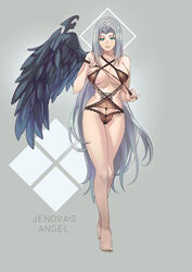  black_nails breasts commentary english_commentary female final_fantasy final_fantasy_vii full_body genderswap_(mtf) green_eyes grey_hair highres holding holding_riding_crop large_breasts lingerie long_hair nail_polish riding_crop rule_63 sagta_panggang sephiroth single_wing solo underwear very_long_hair wings 