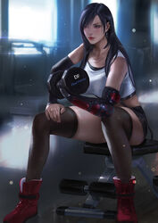  bare_shoulders black_gloves black_hair black_shirt black_thighhighs breasts brown_eyes crop_top curling dumbbell earrings elbow_gloves elbow_pads exercising female final_fantasy final_fantasy_vii final_fantasy_vii_remake full_body gloves gym hair_over_one_eye indoors jewelry large_breasts leaning_forward long_hair looking_ahead midriff necklace red_footwear serious shirt sitting sleeveless sleeveless_shirt solo sports_bra thighhighs thighs tifa_lockhart treadmill underwear weightlifting white_shirt white_sports_bra window xixi_(xixihenlan_ing) 