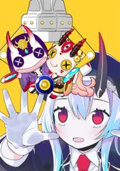  7meill blonde_hair button_eyes buttons character_doll commentary_request crane_game cup fangs fate/grand_order fate_(series) female gloves grey_hair horns ibaraki_douji_(fate) open_mouth police police_uniform purple_hair red_eyes sakazuki shuten_douji_(fate) sidelocks skin-covered_horns smile solo tomoe_gozen_(fate) tomoe_gozen_(festival_outfit)_(fate) uniform white_gloves 