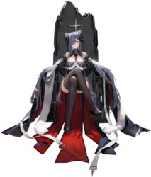  august_von_parseval_(azur_lane) azur_lane bare_shoulders black_footwear black_legwear breasts cleavage_cutout clothing_cutout cross crossed_legs dangling feet female fur_trim gloves grey_hair hair_ornament high_heels highres interlocked_fingers large_breasts long_hair looking_at_viewer official_art one_eye_covered shoe_dangle sitting soaryuna thighhighs throne toe_cleavage toes transparent_background white_gloves world_of_warships 