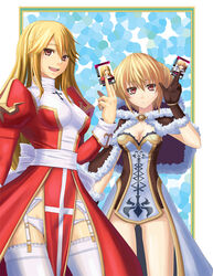  2girls ass_visible_through_thighs bangle blonde_hair blush border bracelet brooch brown_capelet brown_dress brown_gloves capelet card closed_mouth commentary_request cover cover_page cowboy_shot cross cross_necklace double_bun doujin_cover dress eyes_visible_through_hair fur-trimmed_capelet fur-trimmed_gloves fur_trim garter_belt gloves hair_between_eyes hair_bun high_priest_(ragnarok_online) high_wizard_(ragnarok_online) holding holding_card jewelry juliet_sleeves kamen_rider kamen_rider_dcd kathryne_keyron long_hair long_sleeves looking_at_viewer margaretha_sorin masaki_shino multiple_girls necklace open_mouth panties puffy_sleeves ragnarok_online red_dress red_eyes shiny_clothes shiny_skin short_dress short_hair standing thighhighs two-tone_dress underwear white_background white_dress white_legwear white_panties 