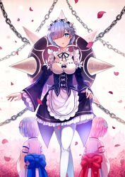  2girls apron blue_eyes blue_hair breasts chains cleavage commentary detached_collar detached_sleeves duplicate hair_ornament hair_over_one_eye japanese_clothes maid maid_headdress medium_breasts multiple_girls pantyhose petals pink_hair pixel-perfect_duplicate ram_(re:zero) re:zero_kara_hajimeru_isekai_seikatsu rem_(re:zero) rose_petals roswaal_mansion_maid_uniform sagta_panggang short_hair siblings sisters skirt_hold twins underbust waist_apron wide_sleeves x_hair_ornament 