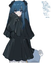  black_bow black_dress blue_eyes blue_hair bow budo_(budoboros) closed_mouth commentary_request cowboy_shot dress female hairbow hand_up holding holding_stuffed_toy long_hair looking_at_viewer original pout sanrio simple_background sleeves_past_wrists solo stuffed_toy translation_request tuxedo_sam twintails white_background white_legwear 