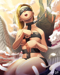  1boy alsea angel angel_(megami_tensei) angel_wings blindfold blonde_hair bondage_outfit building chain_leash chains cloud cloudy_sky commentary_request covered_eyes dated eye_print feathered_wings feathers female leash medium_hair open_mouth revealing_clothes shin_megami_tensei signature sitting skindentation sky skyscraper solo_focus teeth upper_teeth_only wings 