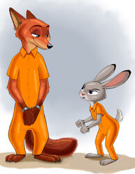  absurd_res anthro barefoot canid canine cuff_(restraint) dipstick_tail disney duo eye_contact feet female fox frustrated fur green_eyes handcuffed handcuffs hi_res inmates_clothing judy_hopps lagomorph larger_male leporid long_ears looking_at_another male mammal markings metal_cuffs nick_wilde open_mouth orange_jumpsuit prison_uniform prisoner purple_eyes rabbit red_fox restraints scut_tail shackles short_tail size_difference smaller_female smile tail tail_markings true_fox zdrer456 zootopia 