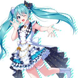  ;d absurdres aqua_hair arm_up armpit_peek blue_eyes boots bow buttons chains checkered commentary dress earrings female frilled_dress frills gold_chain hair_between_eyes hair_ornament hatsune_miku highres jewelry long_hair more_more_jump!_(project_sekai) more_more_jump!_miku one_eye_closed open_mouth outstretched_arm outstretched_hand pochimaru_(marumaru_wanwan) project_sekai sidelocks simple_background smile solo standing standing_on_one_leg thigh_strap twintails very_long_hair vocaloid white_background white_bow white_dress white_footwear 