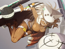  abs belt_bra breasts cape cleavage dark-skinned_female dark_skin female ghgnvm guilty_gear guilty_gear_xrd hat highres large_breasts long_hair looking_at_viewer lucifero_(guilty_gear) muscular muscular_female photoshop_(medium) ramlethal_valentine short_shorts shorts simple_background tan thigh_strap thighs white_hair yellow_eyes 