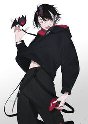  1boy absurdres animal bat_(animal) black_hoodie bracelet controller cross cross_hair_ornament earrings gradient_background hair_between_eyes hair_ornament highres holding holding_controller hood hood_down hoodie indie_virtual_youtuber jewelry kaoruko_(unkrk55) kuu_(vtuber) male_focus midriff midriff_peek multicolored_hair navel oerba_yun_fang open_mouth pointy_ears red_eyes ring slit_pupils streaked_hair teeth thumb_ring tongue vampire virtual_youtuber 