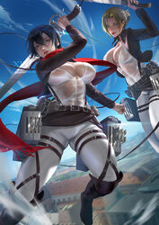  2girls annie_leonhart belt belt_buckle black_hair blue_eyes blue_sky boots breasts brown_eyes brown_jacket buckle building city cleavage cropped_jacket foot_out_of_frame hair_between_eyes hair_bun hair_up harness holding holding_weapon holster jacket knee_boots large_breasts long_sleeves looking_at_viewer medium_hair mikasa_ackerman multiple_girls outdoors pants parted_bangs parted_lips red_scarf rooftop scarf see-through see-through_shirt shingeki_no_kyojin shirt short_hair single_hair_bun sky survey_corps thigh_holster thigh_strap three-dimensional_maneuver_gear waist_sash weapon white_pants white_shirt xixi_(xixihenlan_ing) 