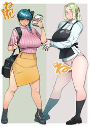  2girls apron ave_(neone) bag blonde_hair blue_hair bottomless braid braided_ponytail breasts buttons censored censored_by_text collared_shirt full_body futanari green_eyes green_hair hand_up handbag holding kneehighs large_breasts multiple_girls neone original own_hands_together penis sarah_(neone) shirt shoes short_sleeves side_slit skirt socks standing white_shirt wristband yellow_eyes yellow_skirt 