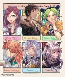  3boys 3girls arknights armor black_hair blue_eyes braid braided_bun braided_ponytail brown_eyes brown_hair brown_jacket character_name commentary copyright_name cup double_bun durarara!! english_commentary english_text fate/grand_order fate_(series) gauntlets glasses granblue_fantasy green_eyes green_hair green_lips grey_hair grimnir_(granblue_fantasy) grin hair_bun head_rest highres horns idolmaster idolmaster_cinderella_girls jacket jojo_no_kimyou_na_bouken knife kujo_jolyne mug multiple_boys multiple_drawing_challenge multiple_girls necktie one_eye_closed orange_hair orihara_izaya pointy_ears ponytail romani_archaman sagta_panggang six_fanarts_challenge smile steam stone_ocean switchblade talulah_(arknights) tattoo watch wristwatch yagami_makino 