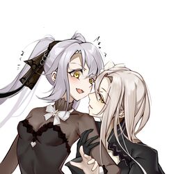  2girls absurdres arm_hug aug_(girls&#039;_frontline) aug_para_(girls&#039;_frontline) black_dress black_gloves blonde_hair blush bow bowtie breasts dress girls&#039;_frontline gloves grey_hair hair_between_eyes hair_ribbon highres long_hair looking_at_another looking_at_viewer medium_breasts multiple_girls open_mouth priest77 ribbon twintails white_background white_bow white_bowtie white_hair yellow_eyes 