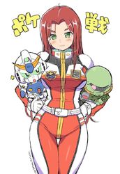  bad_id bad_twitter_id blush chibi christina_mackenzie copyright_name cowboy_shot female green_eyes gundam gundam_0080 gundam_alex hands_on_own_hips highres inactive_account iwasaki_masakazu long_hair open_mouth pilot_suit red_hair science_fiction sd_gundam signature smile solo thick_eyebrows thigh_gap uniform white_background zaku_ii_fz_kai 