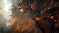  1boy aatrox abs absurdres alternate_costume armor arrow_(projectile) bow_(weapon) character_request closed_mouth commentary_request fire from_side gauntlets giant glowing glowing_eyes helmet highres holding holding_bow_(weapon) holding_scythe holding_weapon horns league_of_legends male_focus open_mouth red_eyes rhaast scythe sharp_teeth teeth translated varus weapon wutu_(1183238220) 