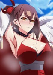  absurdres armpits arms_behind_head azur_lane bare_shoulders blue_sky blush breasts brown_hair cleavage cloud collarbone commentary_request criss-cross_halter day dress eyeliner female hair_between_eyes hair_ornament halterneck high_ponytail highres japanese_clothes kimono large_breasts long_hair looking_at_viewer makeup makiri_akira nose_blush open_clothes open_kimono outdoors parted_lips ponytail red_dress sidelocks sky sleeveless sleeveless_dress solo standing steam sweat upper_body very_long_hair white_kimono wide_sleeves yellow_eyes zuikaku_(azur_lane) 