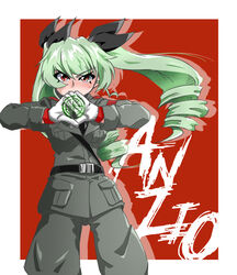  7654_dog aj_styles anchovy_(girls_und_panzer) anzio_(emblem) anzio_military_uniform belt black_belt black_necktie black_ribbon black_shirt commentary cowboy_shot dress_shirt drill_hair emblem female girls_und_panzer gloves green_hair grey_jacket grey_pants hair_ribbon jacket jodhpurs long_hair long_sleeves looking_at_viewer military military_uniform necktie own_hands_together pants parody red_background red_eyes ribbon sam_browne_belt shirt silhouette solo standing twin_drills twintails uniform v-shaped_eyebrows white_gloves wind wing_collar wwe 