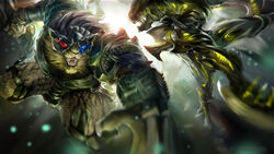  2boys absurdres alien alien_(series) alien_vs._predator armor blue_eyes glowing helmet heterochromia highres holding holding_weapon kha&#039;zix league_of_legends looking_at_viewer male_focus multiple_boys open_mouth pixiv_id predator_(series) red_eyes rengar saliva sharp_teeth shoulder_armor teeth tongue translated vambraces weapon wutu_(1183238220) 