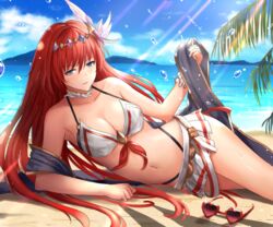  alexiel_(summer)_(granblue_fantasy) aqua_(popogori) bare_shoulders beach belt bikini black_bikini blue_eyes blue_sky blush breasts circlet cleavage closed_mouth day feather_hair_ornament feathers female godsworn_alexiel granblue_fantasy hair_between_eyes hair_ornament heart heart-shaped_eyewear highleg highleg_bikini layered_bikini long_hair looking_at_viewer miniskirt navel outdoors palm_tree red-framed_eyewear red_hair sash skirt sky solo sunglasses swimsuit thighs tree unworn_eyewear very_long_hair water_drop white_bikini white_skirt 