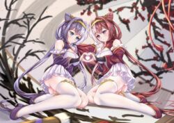  2girls absurdly_long_hair ass asymmetrical_legwear azur_lane bare_shoulders blue_eyes breasts brush chao_ho_(azur_lane) cleavage cleavage_cutout clothing_cutout dress framed_breasts gold_hairband gold_trim hair_horns hairband heart heart_hands highres kaidou_nora- long_hair lying magic medium_breasts microskirt multicolored_hair multiple_girls on_side purple_dress purple_footwear purple_hair red_dress red_footwear red_hair single_sock single_thighhigh skirt socks split-color_hair thighhighs thighs very_long_hair white_hair white_skirt white_socks white_thighhighs ying_swei_(azur_lane) 