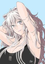  absurdres animal_ears armpits arms_behind_head black_sports_bra blue_background breasts cleavage collarbone dog_tags ear_piercing female grey_eyes grey_hair hair_between_eyes highres hololive large_breasts lion_ears lion_girl long_hair looking_at_viewer messy_hair oerba_yun_fang official_alternate_costume parted_lips piercing shishiro_botan shishiro_botan_(button-down) sidelocks signature simple_background smile solo sports_bra striped striped_sports_bra vertical-striped_sports_bra virtual_youtuber zero_(muftisaili) 