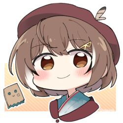  bad_id bad_twitter_id beret blush brown_eyes brown_hair feathers female friend_(nanashi_mumei) gyaheung hair_ornament hat hololive hololive_english japanese_clothes kimono looking_at_viewer multicolored_hair nanashi_mumei nanashi_mumei_(new_year) red_shawl shawl simple_background solo streaked_hair virtual_youtuber 