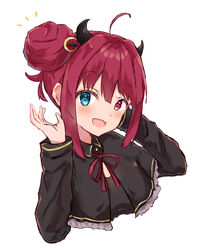  absurdres ahoge alternate_hairstyle blue_eyes blush crescent crescent_hair_ornament cropped_torso female fujimaki_nora hair_bun hair_ornament heterochromia highres horns long_sleeves looking_at_viewer neck_ribbon nijisanji oerba_yun_fang open_mouth red_eyes red_hair red_ribbon ribbon sidelocks simple_background single_hair_bun skin_fang solo upper_body virtual_youtuber white_background yuzuki_roa yuzuki_roa_(1st_costume) 